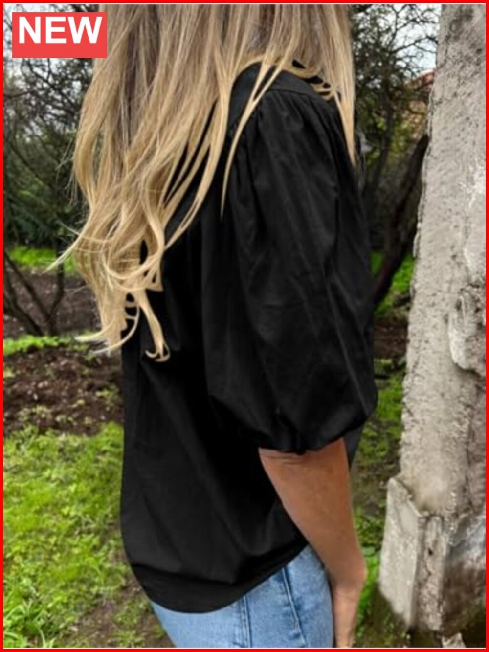 Women's Cotton Button Down Shirt with Puff Sleeves - Loose Fit Summer Top - Picture 3 of 6